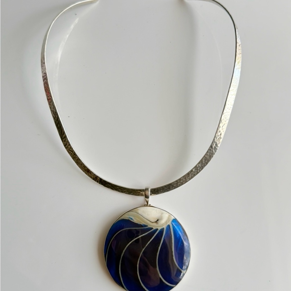 Vintage Sterling Silver Mexico Necklace & Blue Art Glass Seashell Pendant Taxco